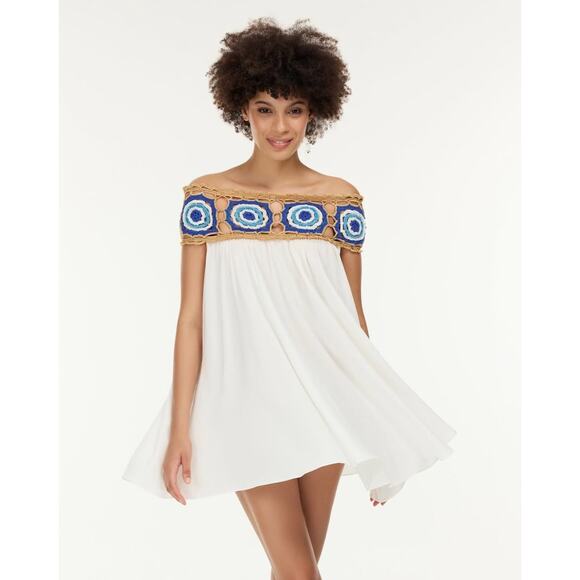 Embroidered Off-Shoulder Mini Dress - White and Gold - Picture 6 of 10
